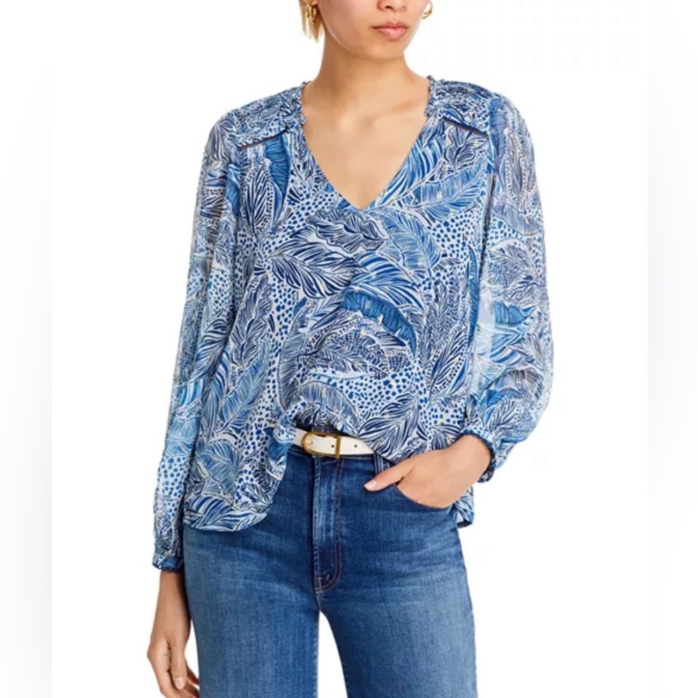 Leaf Print Blouse Blue And Gold Leaf Print Blouse Size S NWT $68
